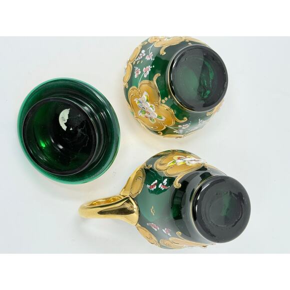 Murano Style Sugar Bowl and Creamer Pitcher Glass Hand Painted Green and Gold - Picture 8 of 8